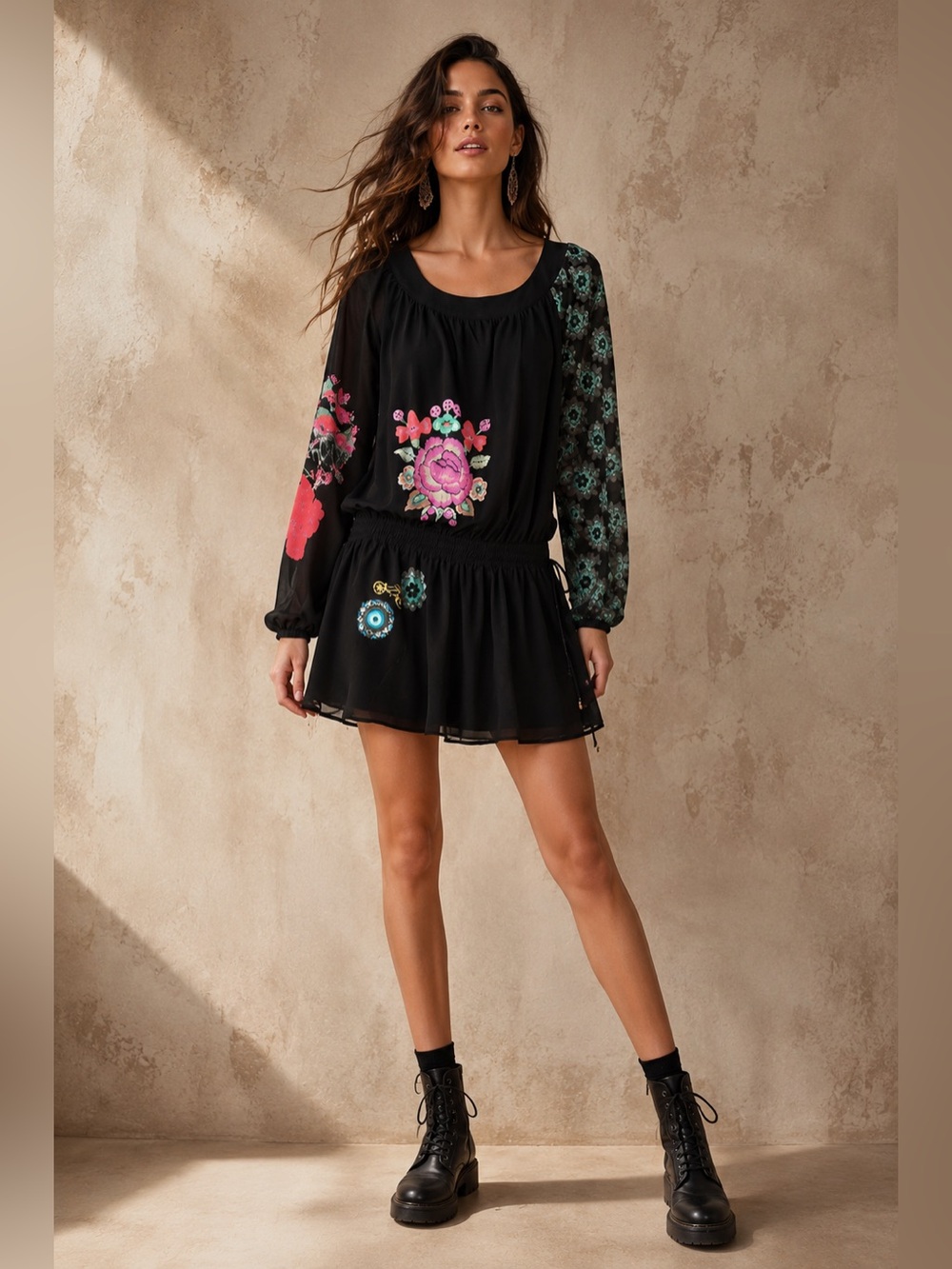 DESIGUAL Black Drop Waist‎ Flowy Dress Printed sleeves Size M